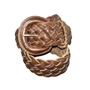 FOSSIL Leather Braided Belt Brown 1 1/2” Width Leather Buckle 38" Vintage